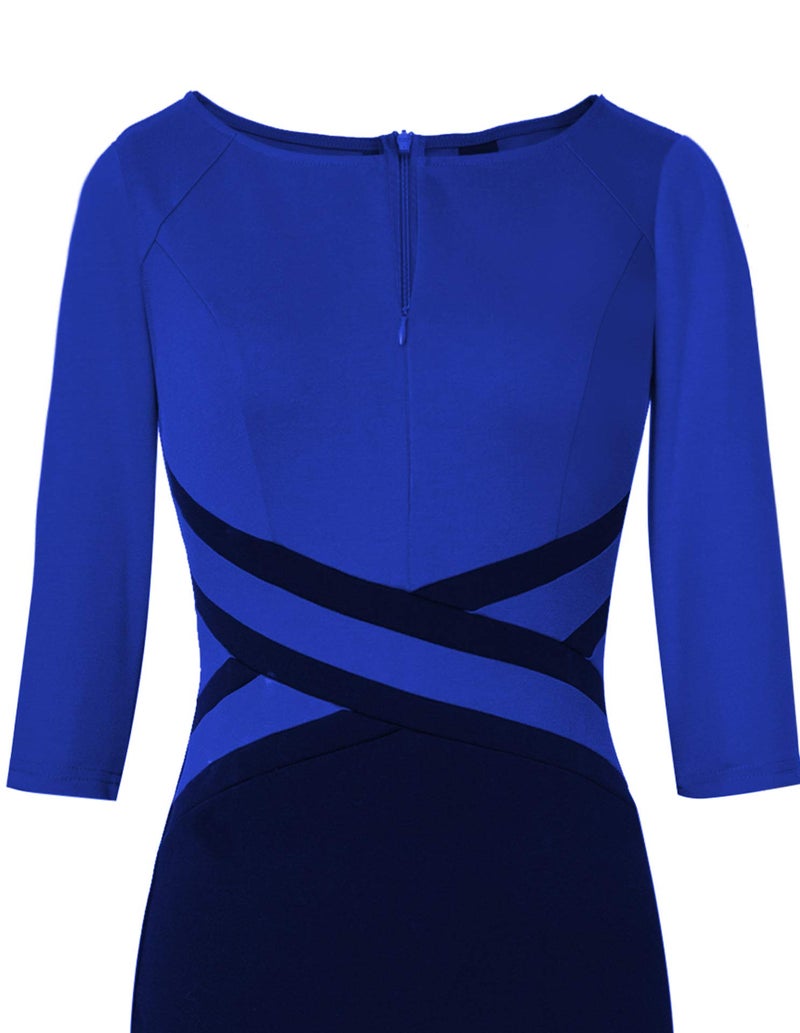 VFSHOW Womens Blue and Black Patchwork Classy Work Business Casual 3/4 Sleeve Slimming Fitted Front Zipper Crisscross Waist Office Party Pencil Sheath Dress 6472 BLU L - Image 5